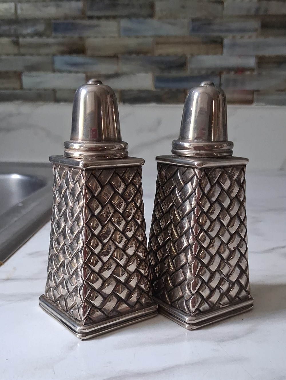 Vintage Godinger Silver Plate Basket Weave Pair Salt & Pepper Shakers